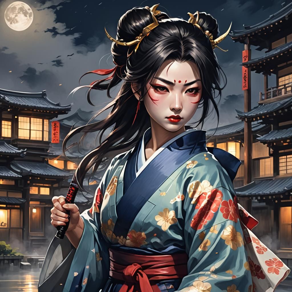 Samurai Woman with Hannya Mask in Moonlight
