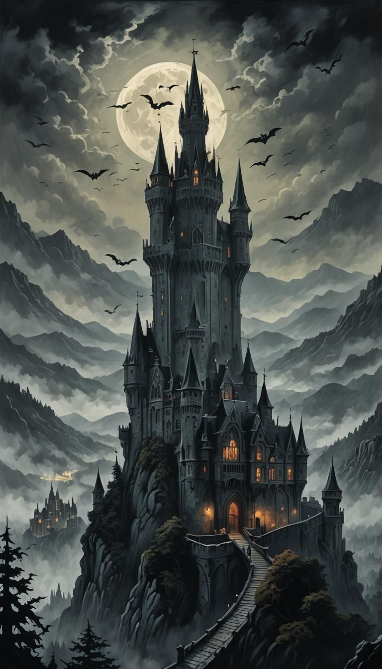 Count Dracula's Gothic Castle: Moody Oil Painting