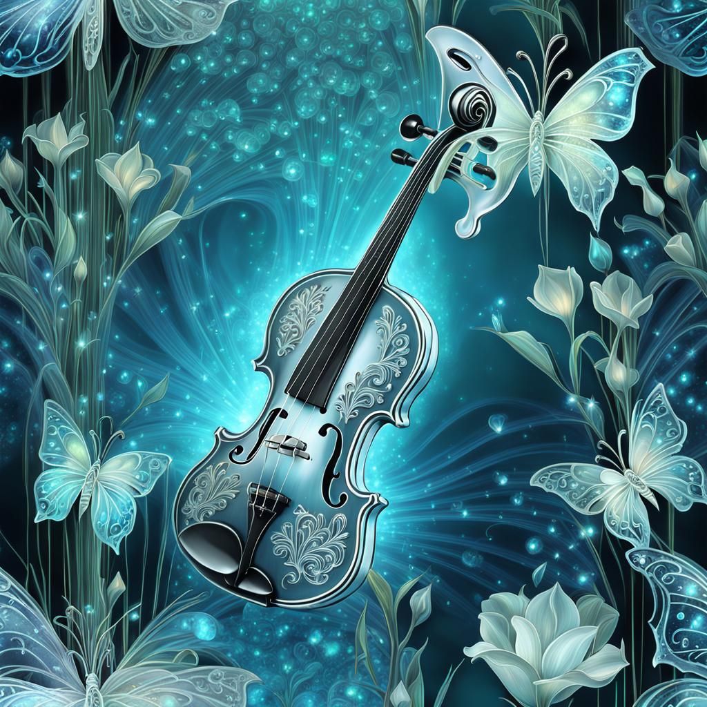 Crystal Violin with Bioluminescent Lilies: Digital Art