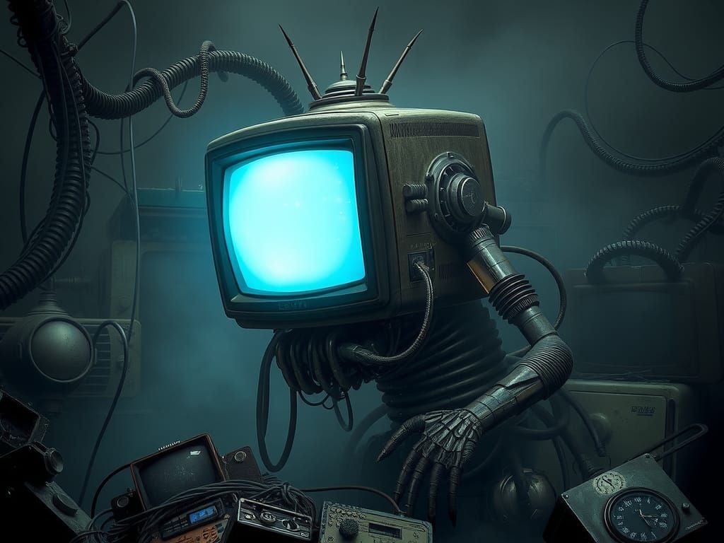 Cybernetic Monster with TV Head in Dystopian World