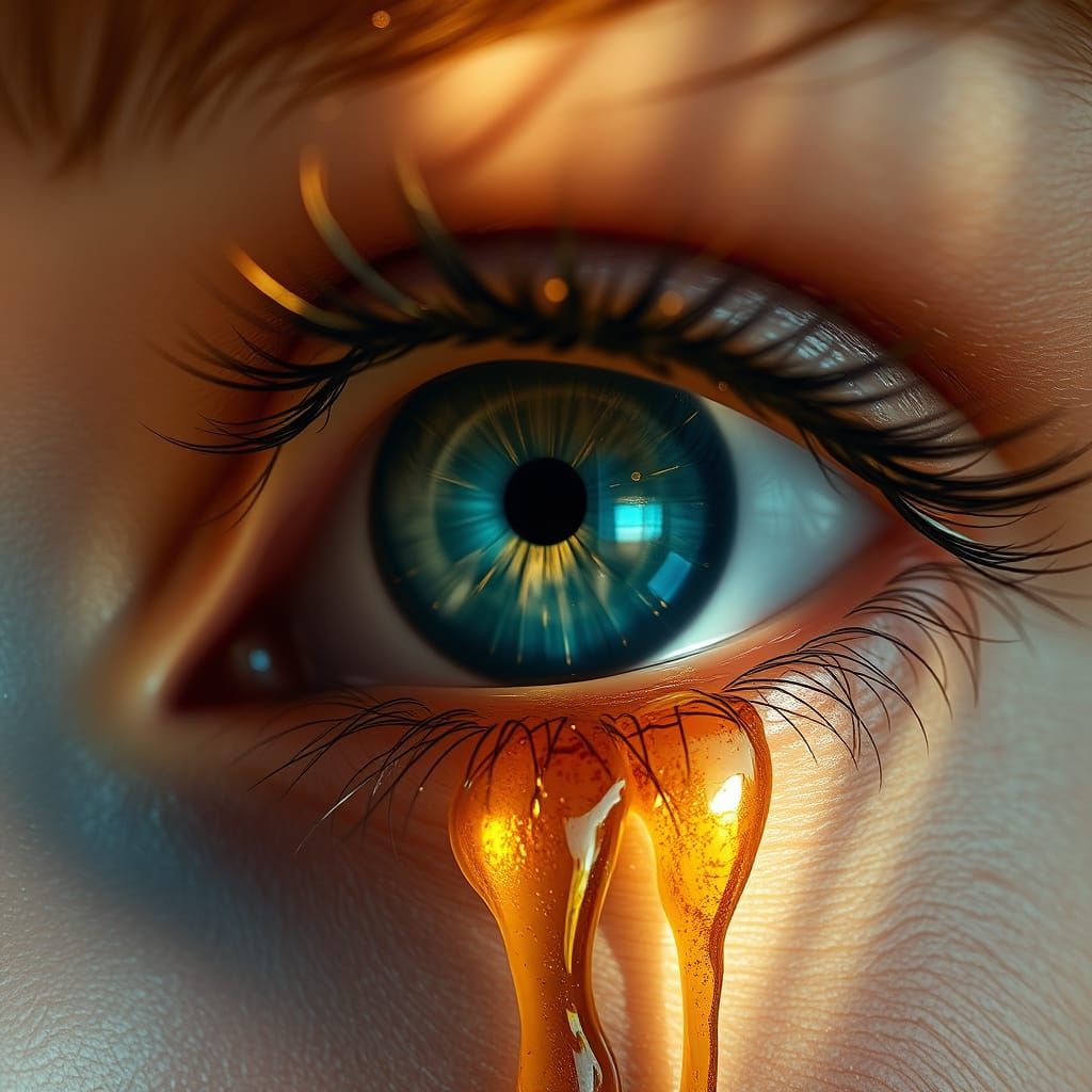 Golden Tears Eye Close-Up in Luminous Leaf Texture