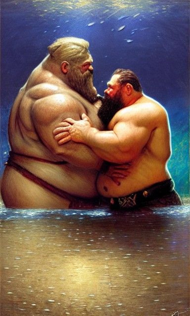 Two Dwarfs Kissing Underwater in Hyperrealism Style