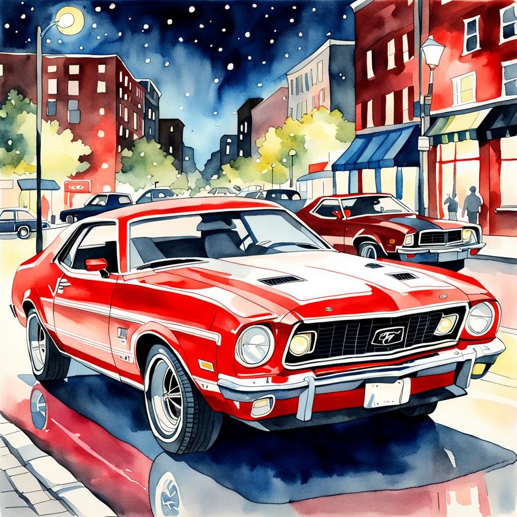 Watercolor Painting of a 1974 Ford Mustang II
