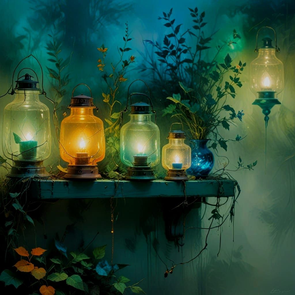 Ethereal Night Scene with Oil Lamps