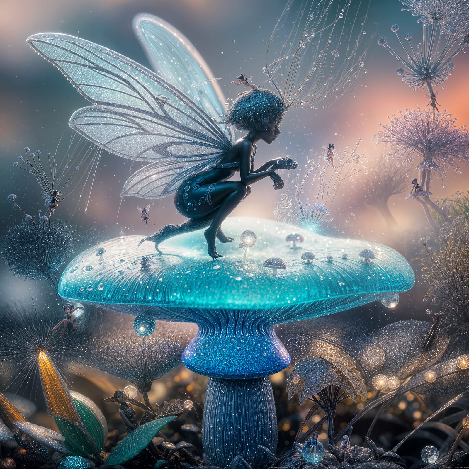 Ebony Fairy Sits on Glowing Mushroom in Futuristic Macro Pho...