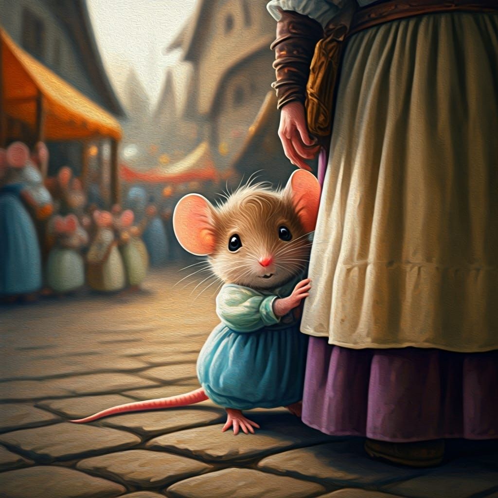 Shy Mouse Toddler at Bustling Flea Market