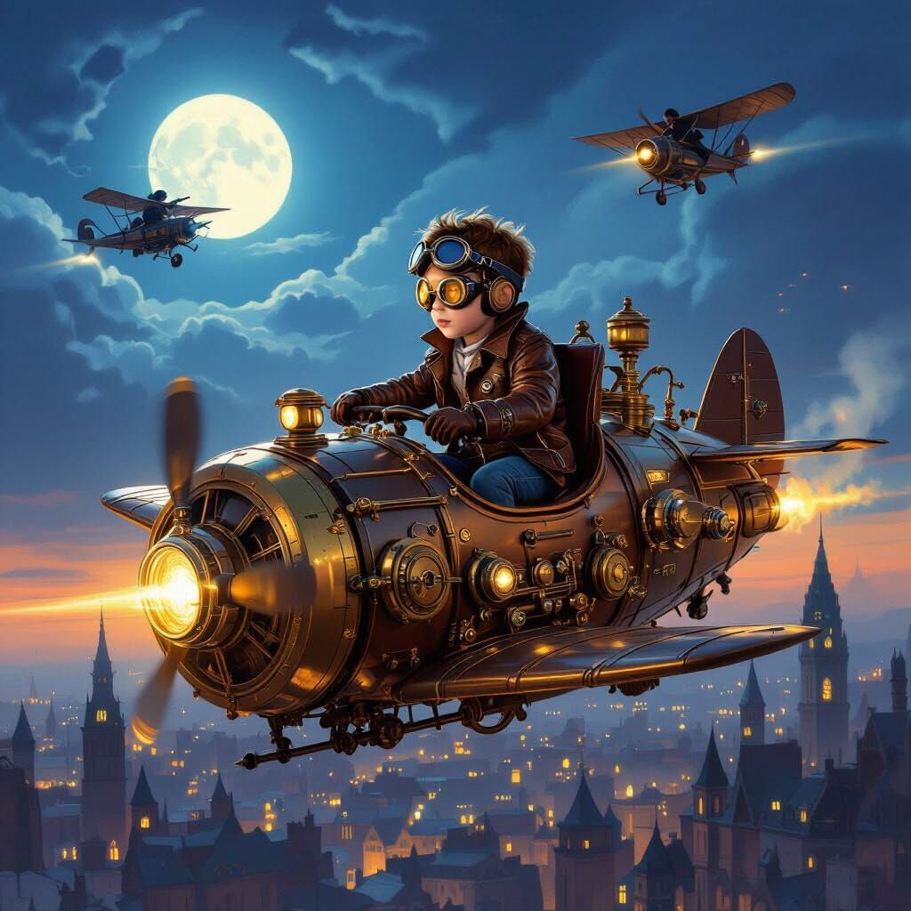 Steampunk Boy's Escape Over City at Dusk