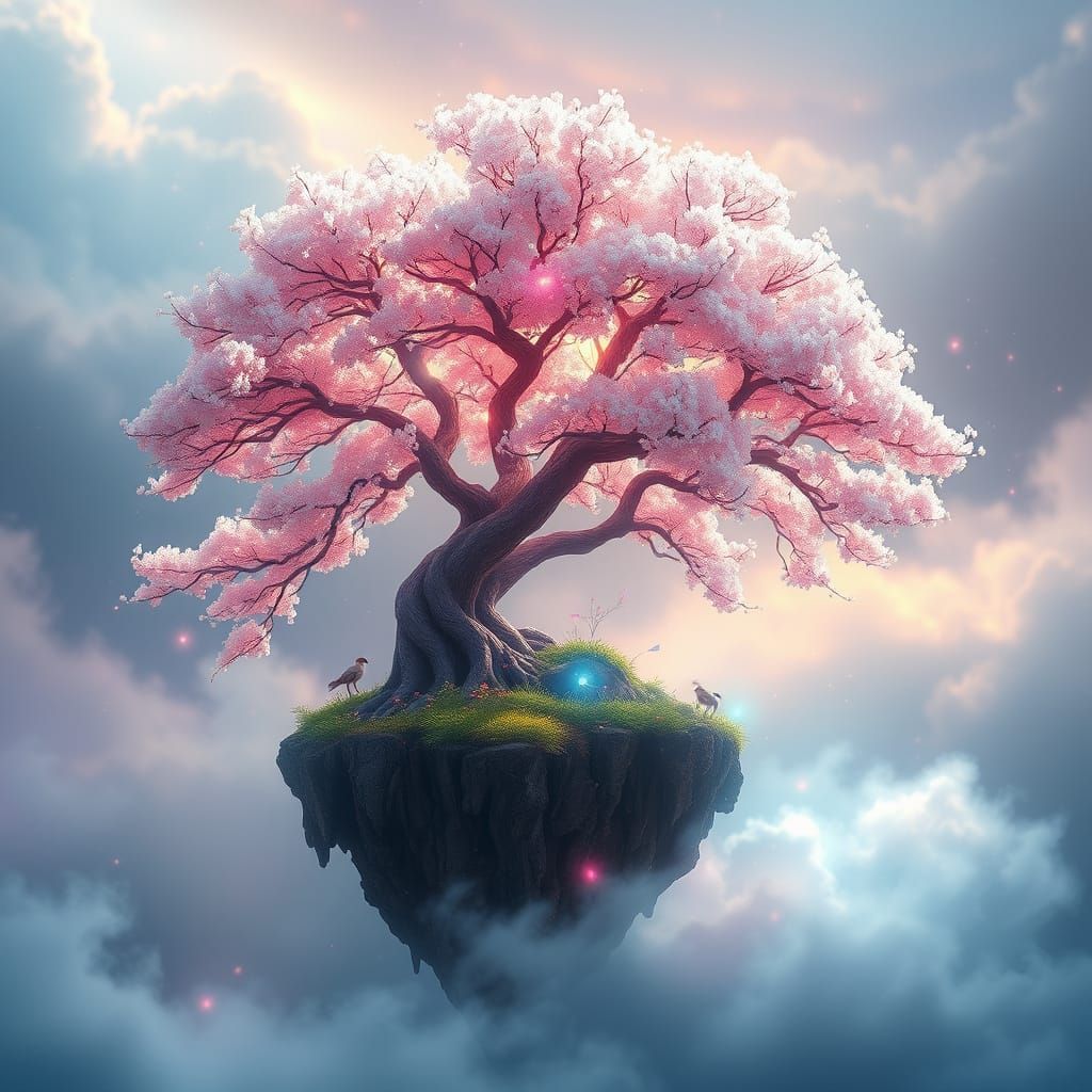Ethereal Cherry Blossom Tree Radiates Rainbow Light on a Flo...