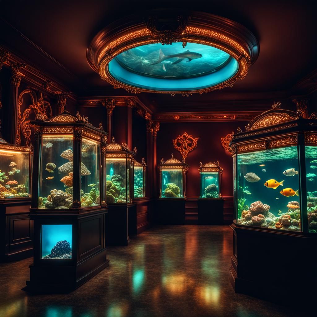 Hyperrealistic Aquarium Display with Gems and Neon