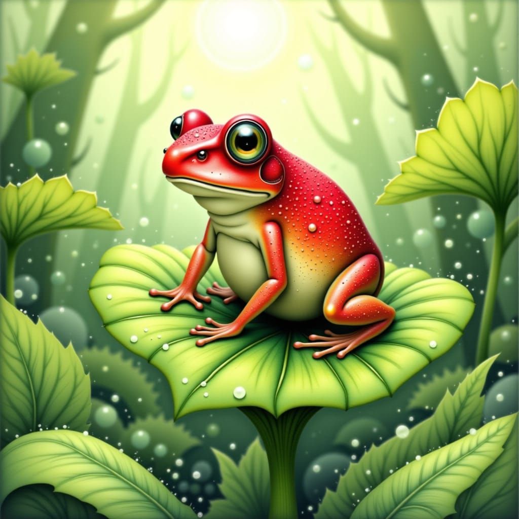 Whimsical Strawberry Frog on Leaf in Watercolor Style