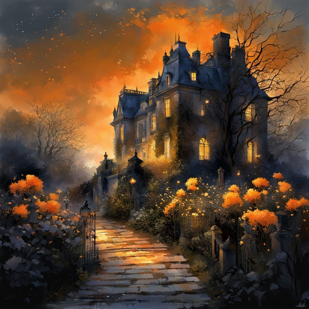 Epic Nighttime Mansion Scene with Intricate Garden Details