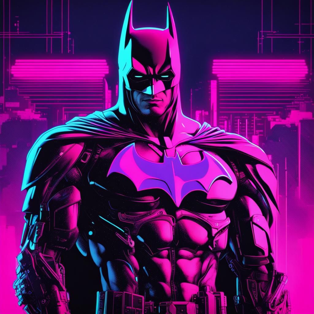 Synthwave Cyborg Batman in Neon Retro Style