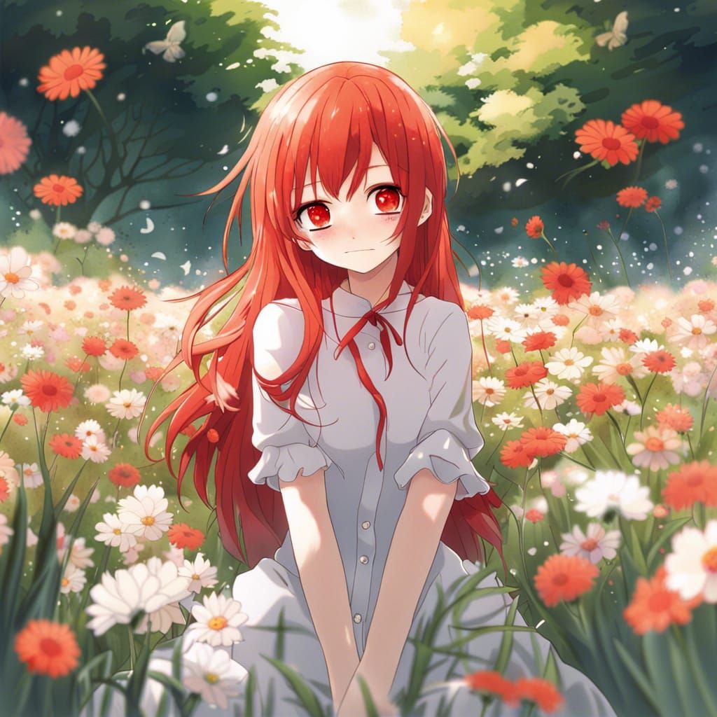 Red-Haired Woman Blushing in Flower Field: Anime Style