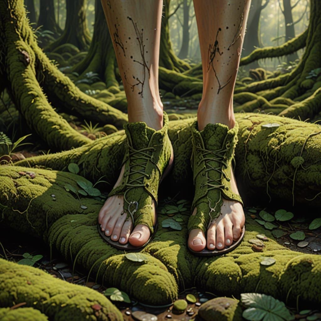 Woman's Feet on Mossy Ground Photorealistic Art