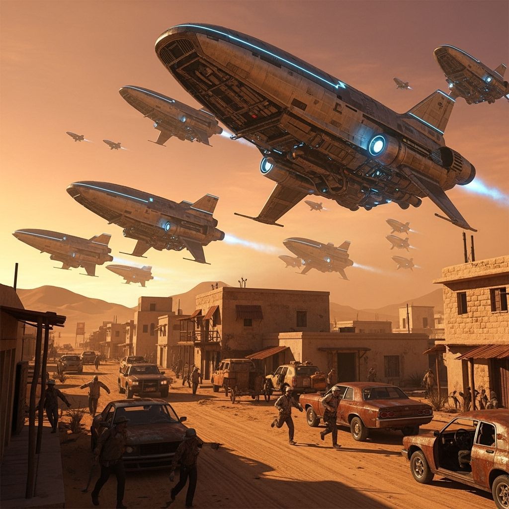 Desert Planet Invasion with Retro-Futuristic Spaceships
