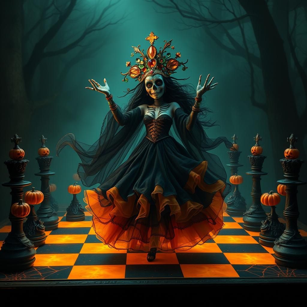 Mystical Sugar Skull Woman Dancing in Forest