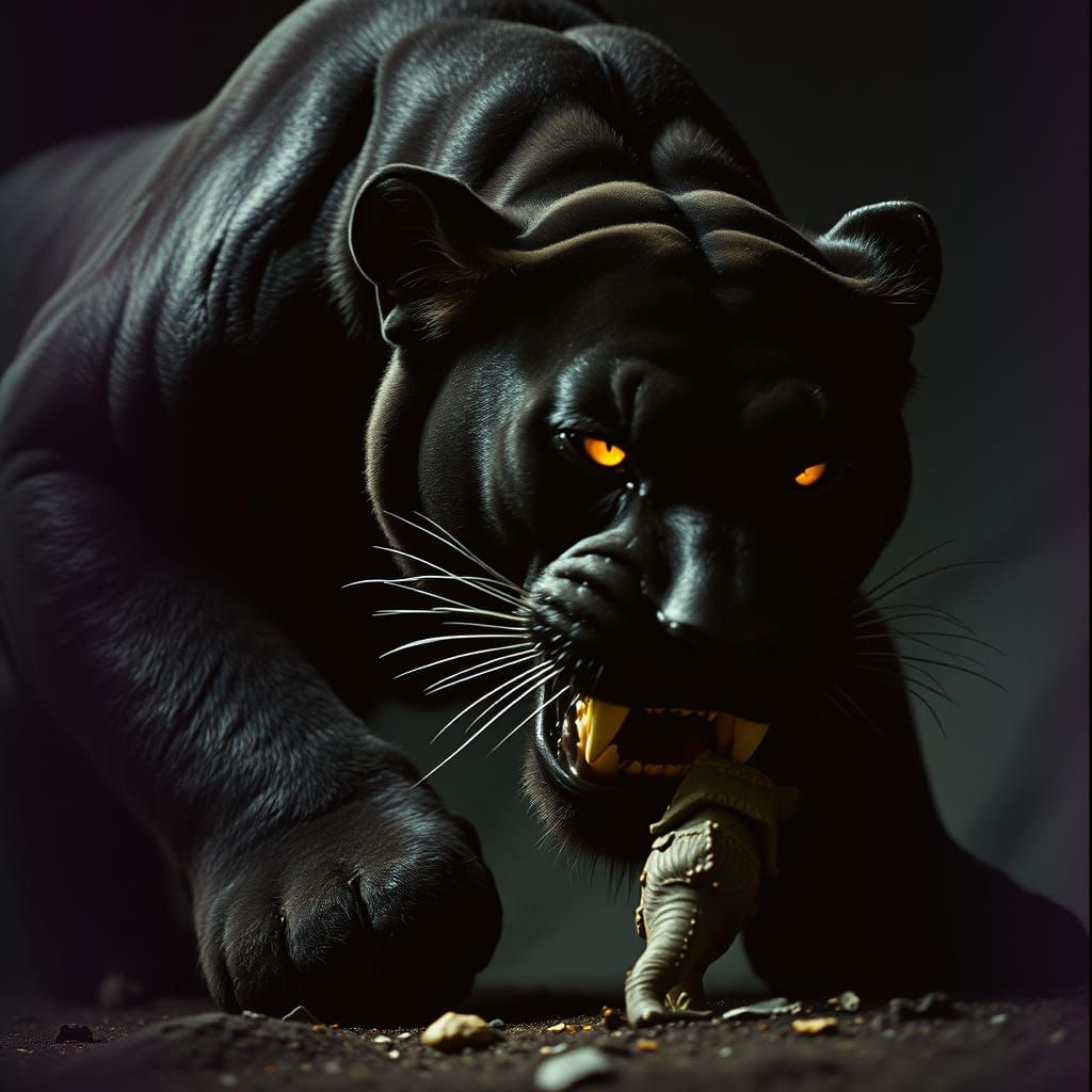 A huge and massivly muscular black panter stalking its prey,...