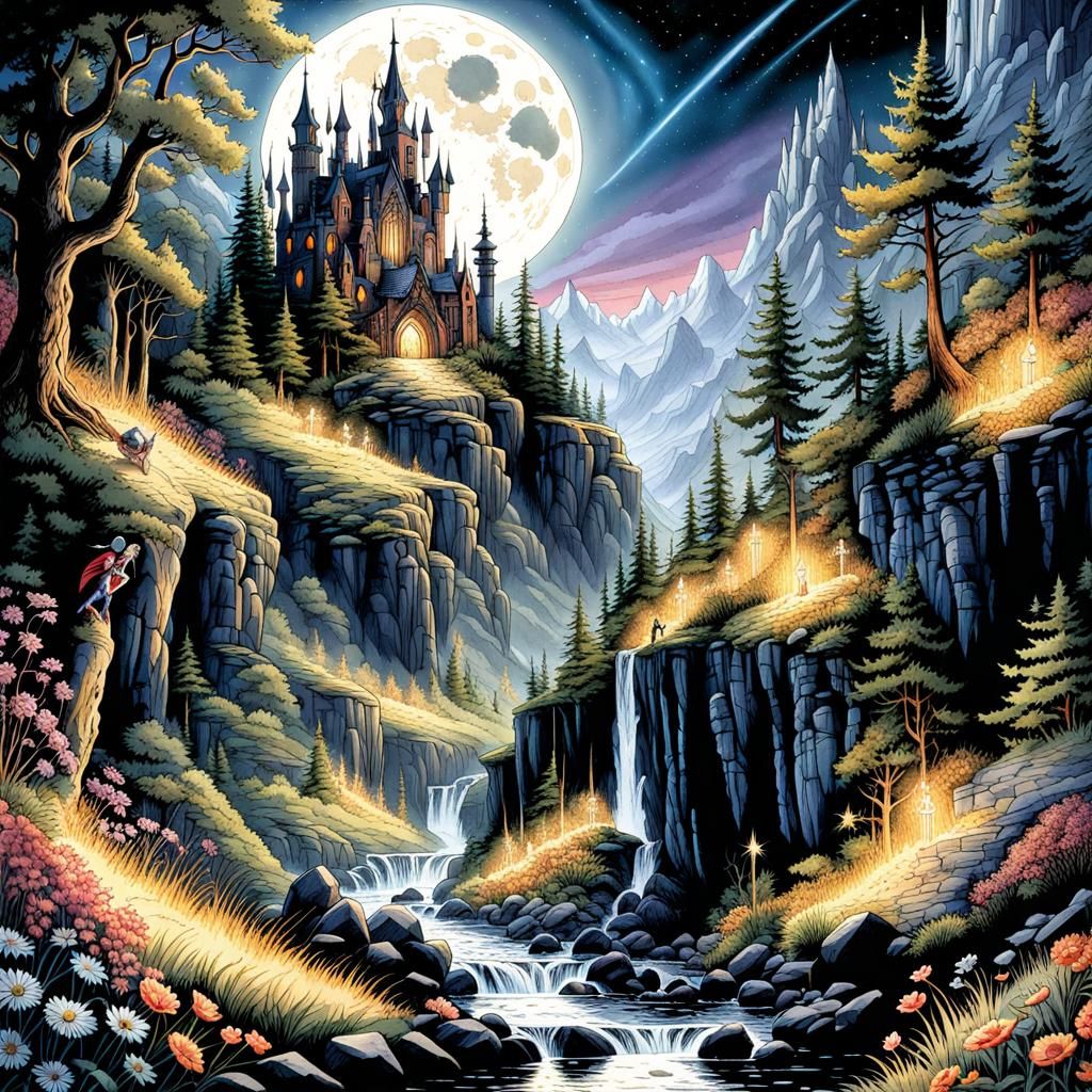 Gothic Watercolor Fantasy Mountain Cliffside at Night