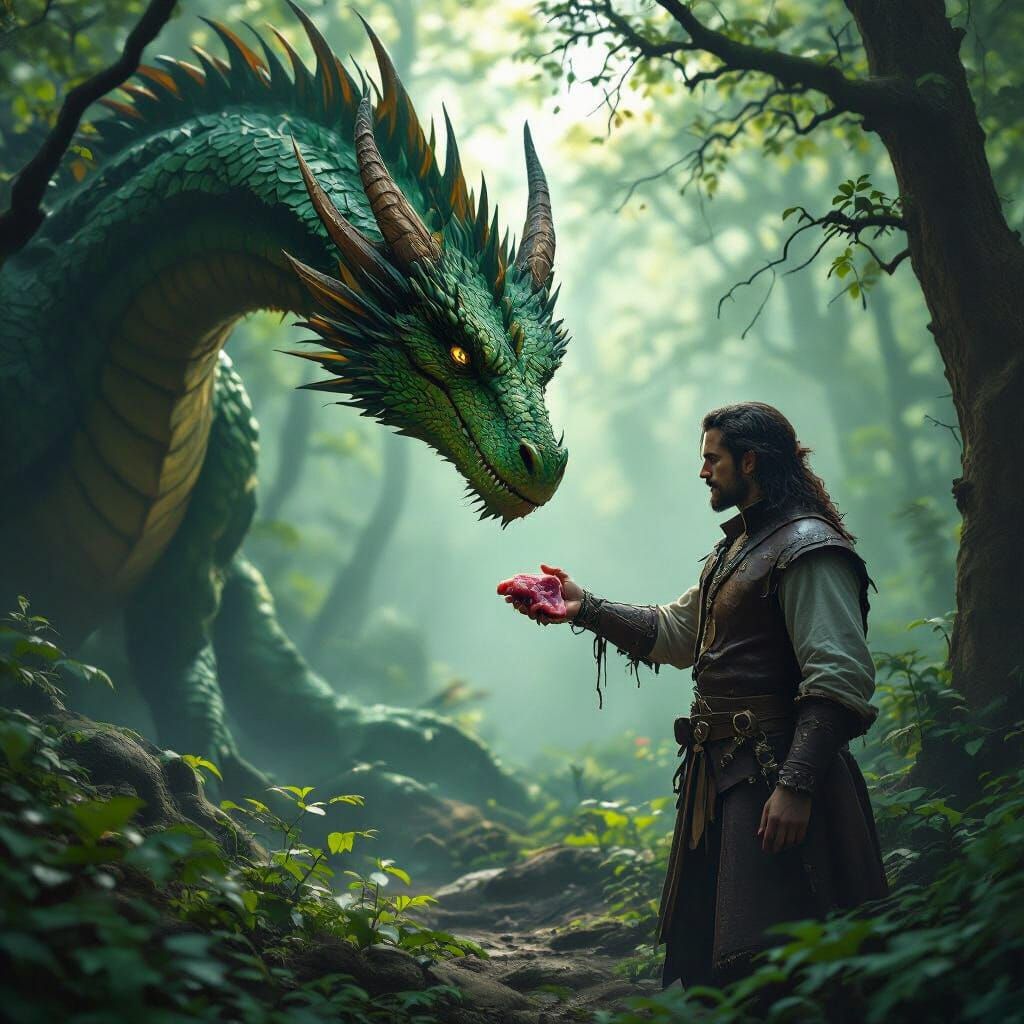 Green Dragon Encounter in Misty Forest