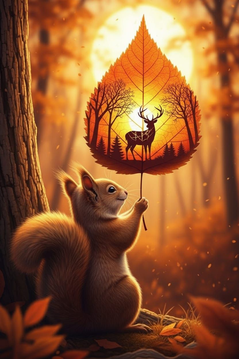 Happy Squirrel Holding Autumn Leaf in Golden Sunlight