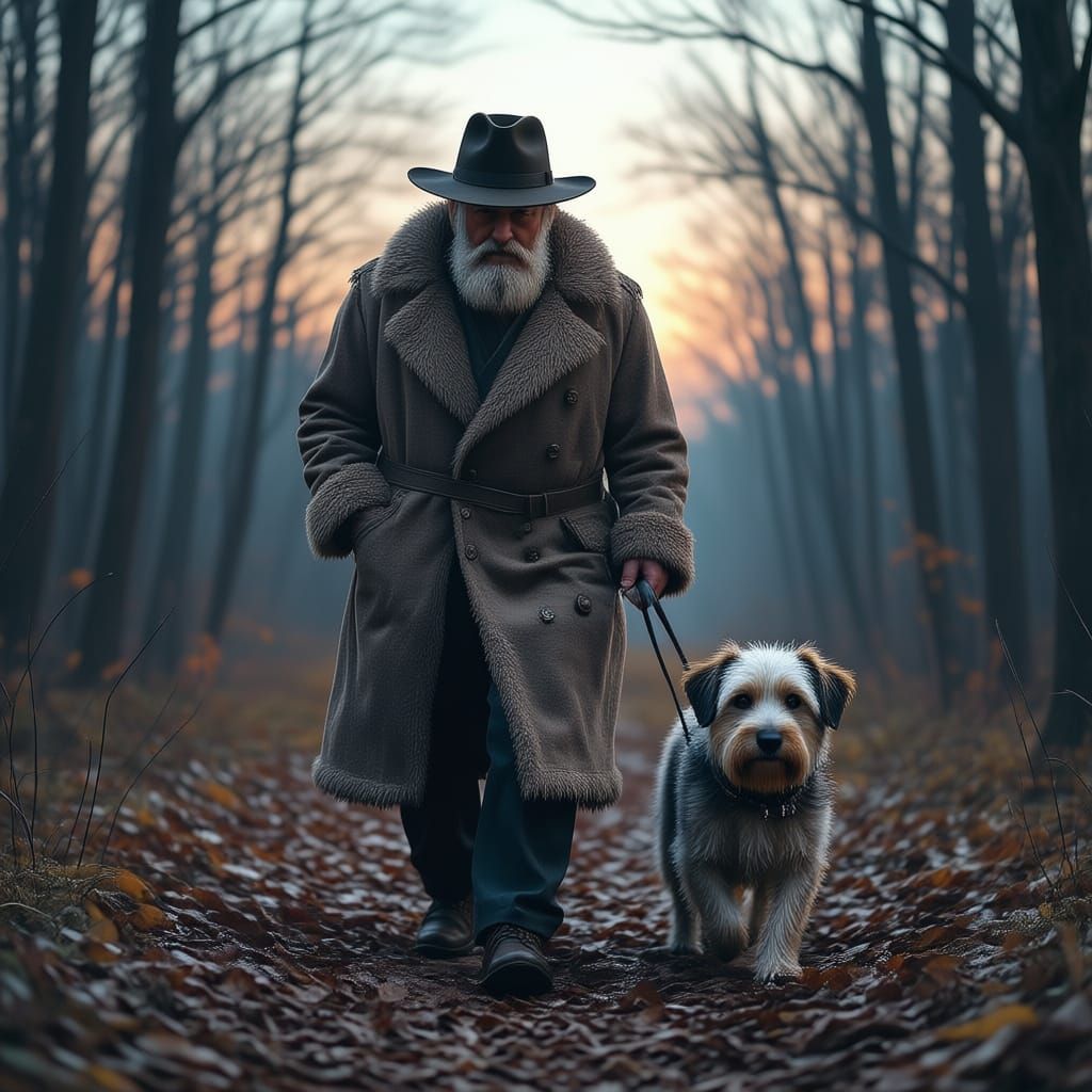 Elderly Man and Dog Walk Through Leafless Forest at Dusk