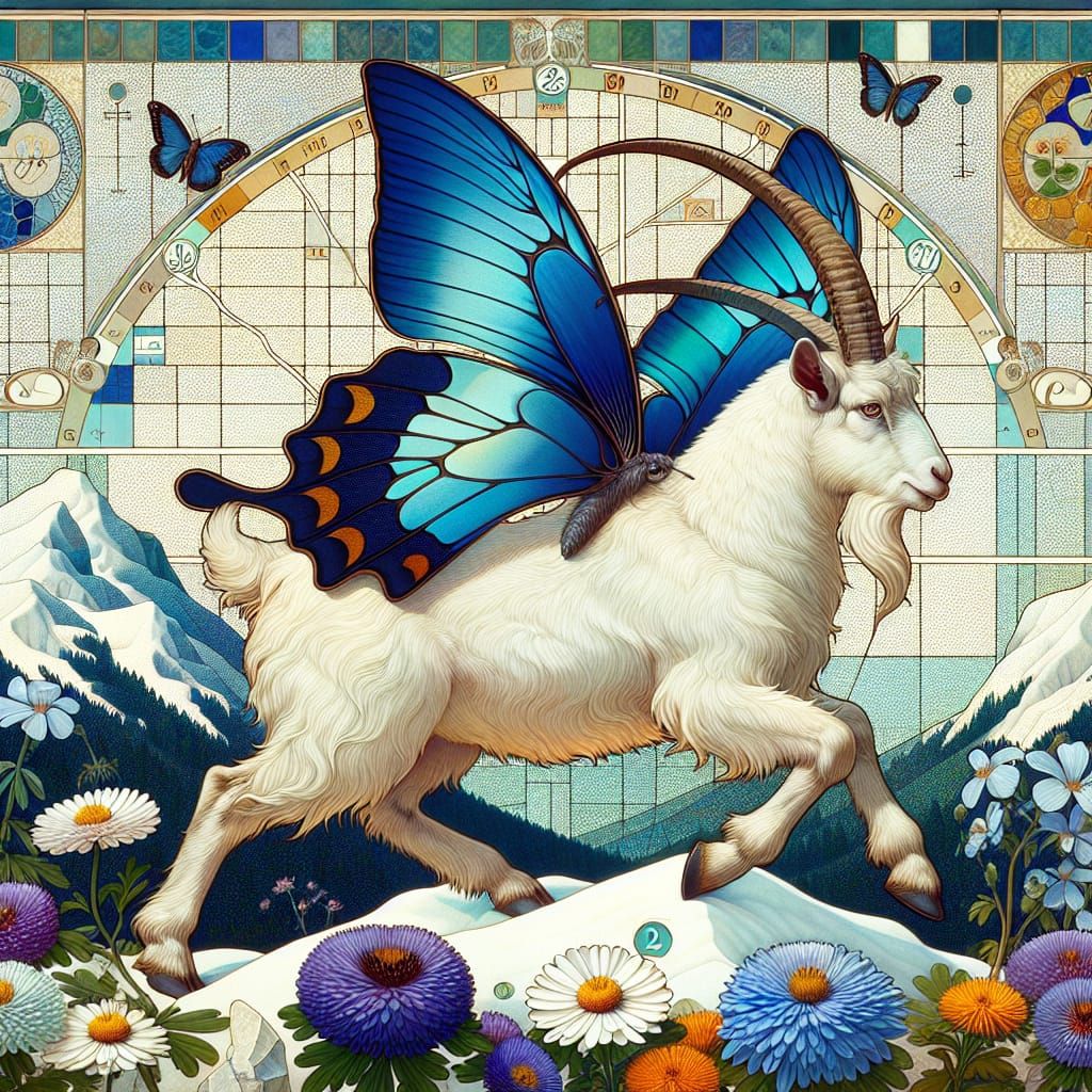 A male goat wearing a blue sapphire with butterfly wings