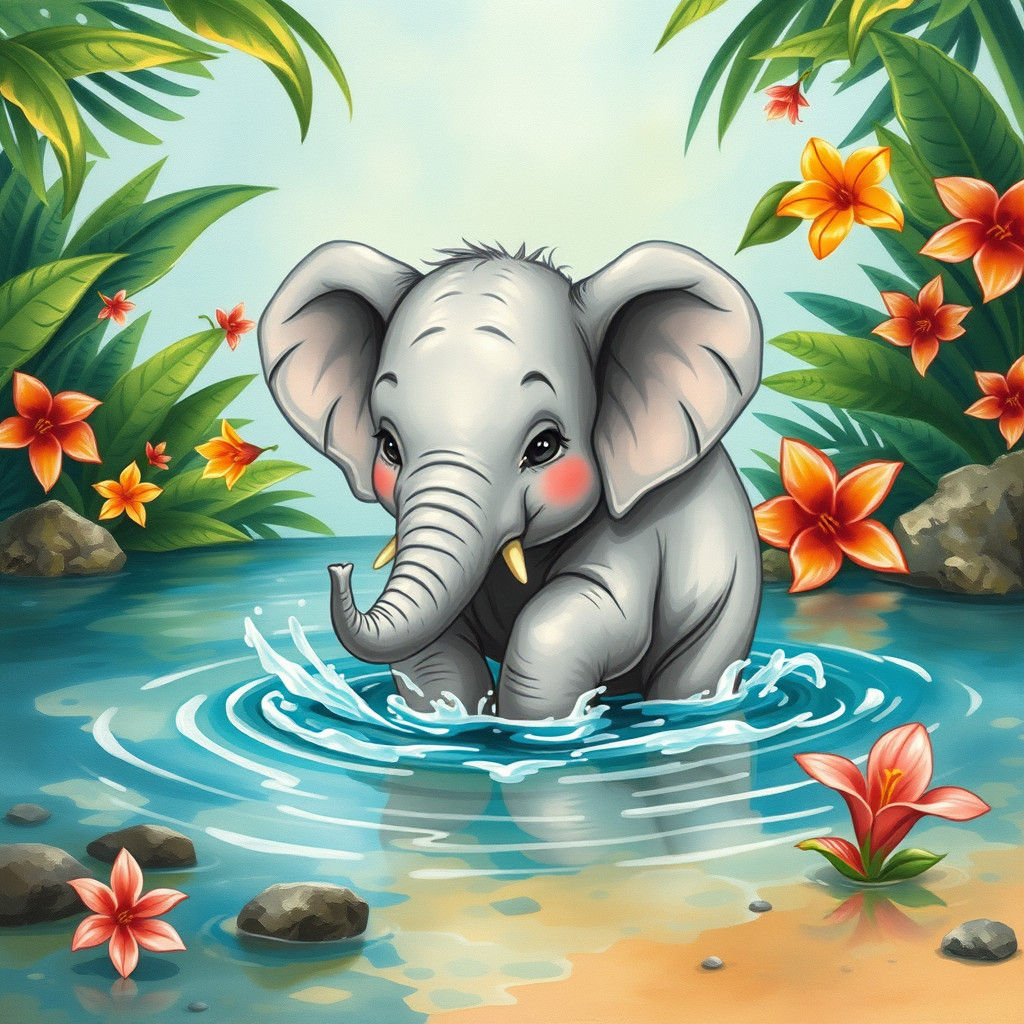 Playful Baby Elephant in Dreamy Watercolor Style