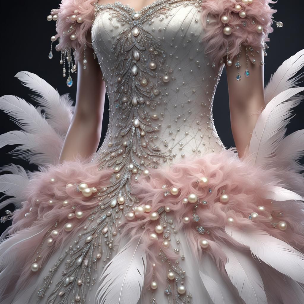 Gorgeous Vintage Wedding Dress with Pearls and Feathers