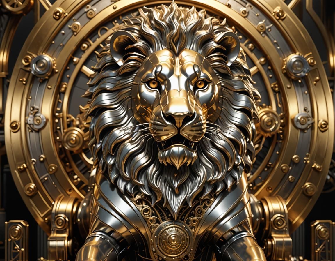 Metallic Lion with Antelope in Art Deco Style