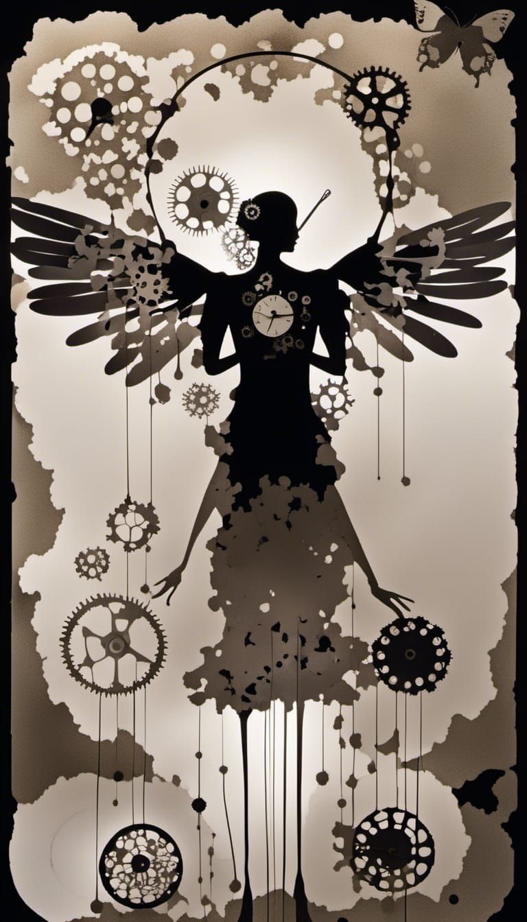 <lora:Photo gram Whitebird:1.0> Steampunk photogram,  Butterfly winged woman  Silhouette made out watch parts, gears , m...