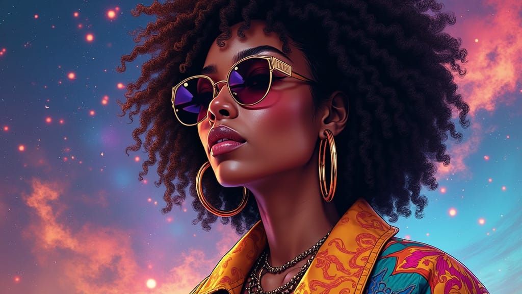 African American Woman Radiates Cosmic Cool in Vibrant Stree...