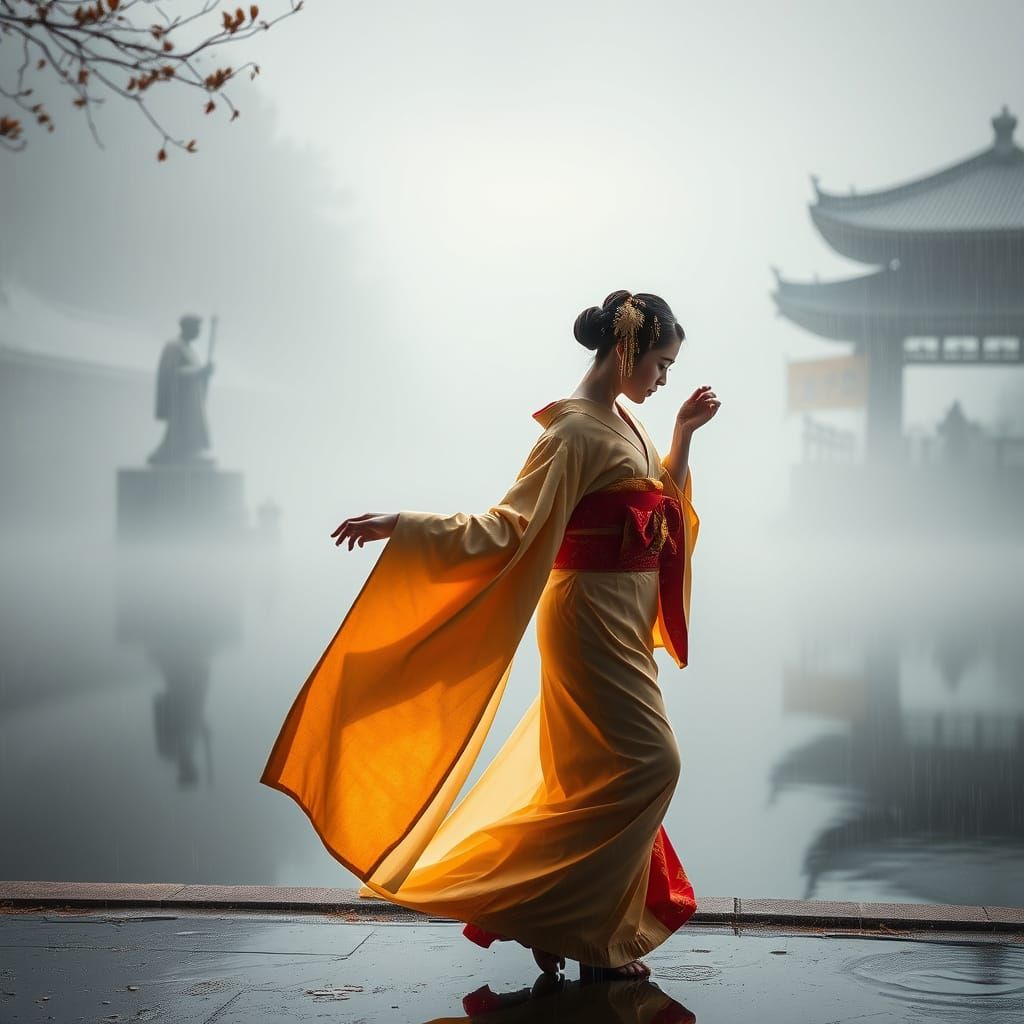 Geisha Dancing in Rain by Pond