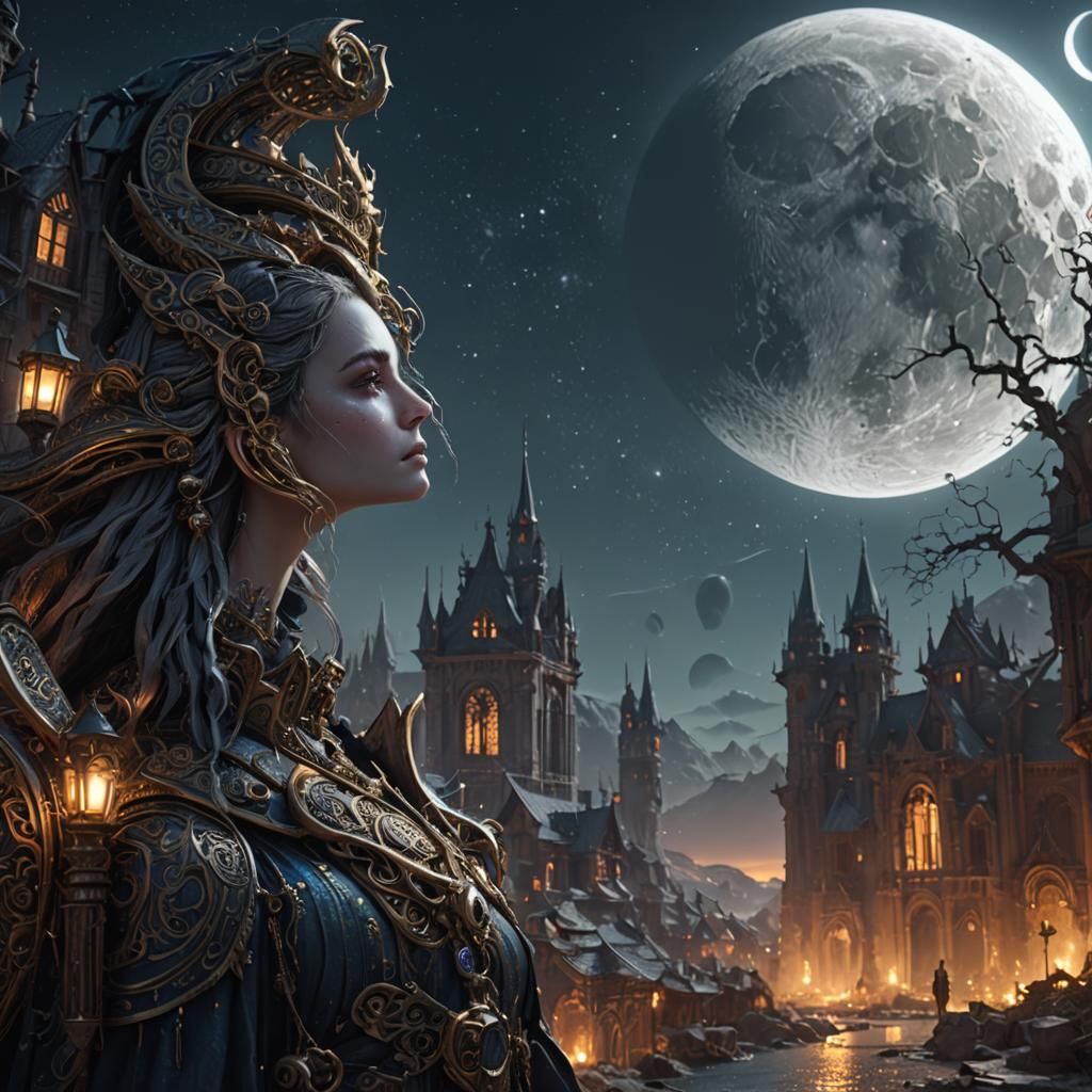 Girl and Moon in Detailed Matte Painting Style