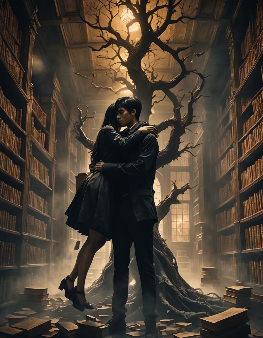 Haunted Library: Thai Students in Dark Surrealism Style