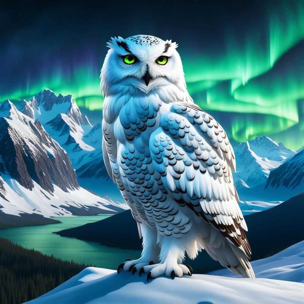 Snowy Owl Soaring Under Northern Lights: Fantasy Art