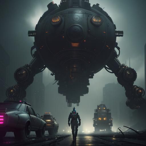 Steampunk Train Driven by Moon in Neon Cityscape