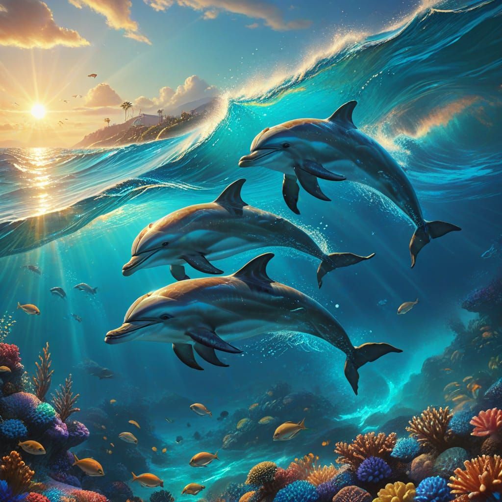 Crystalline Dolphins in Sunlit Ocean: Digital Art