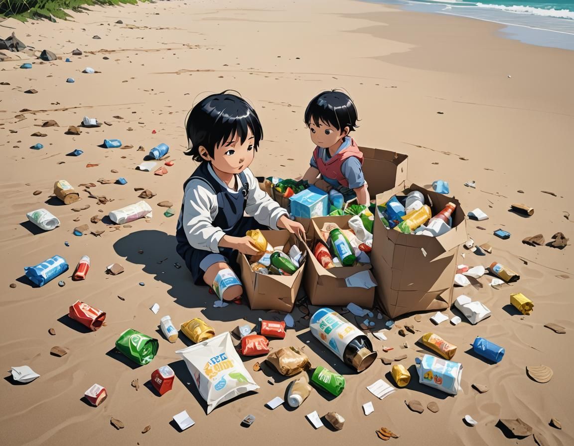 Toddler Leaves Litter: Anime-Style Beach Scene