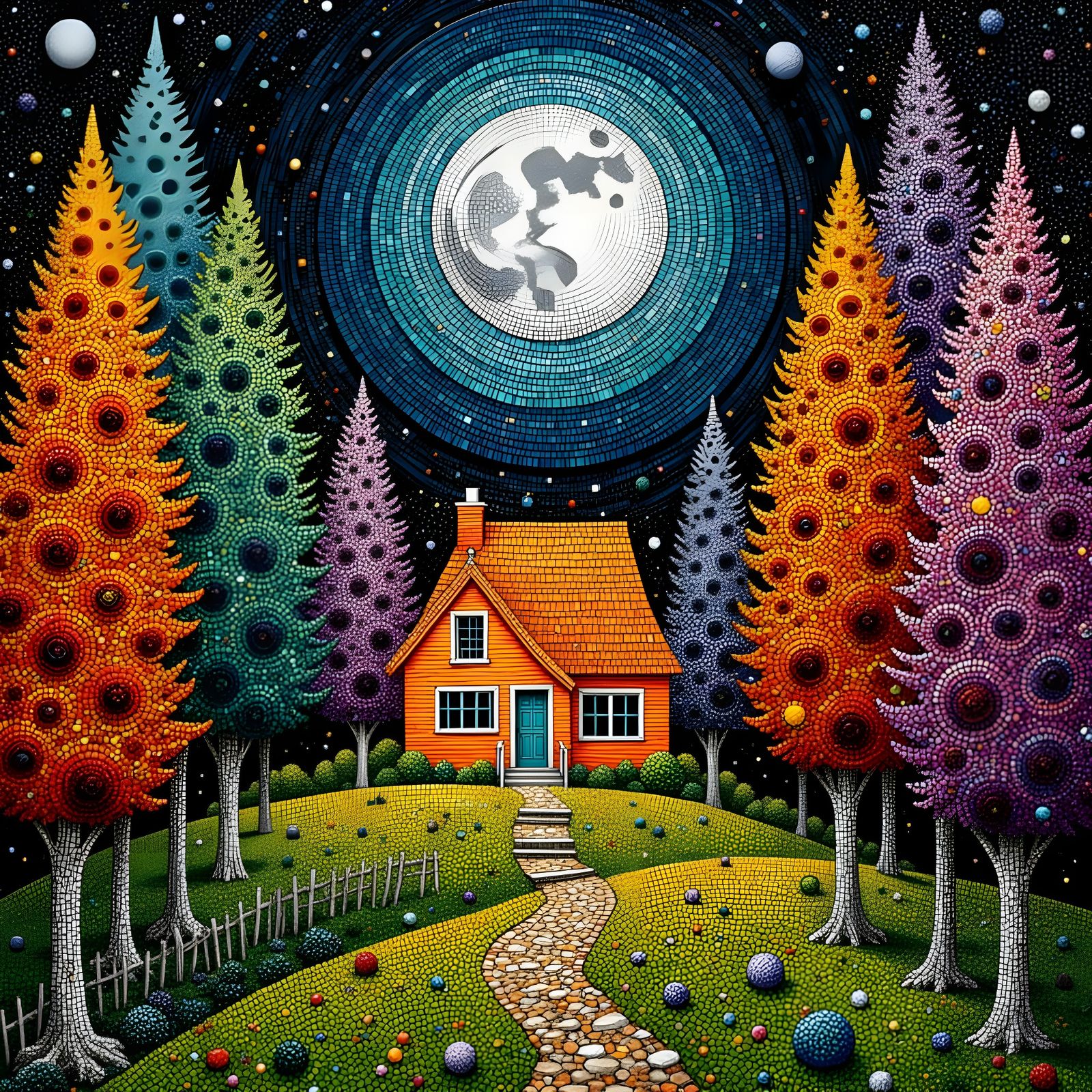 Pointillist Mosaic House in Autumn Forest