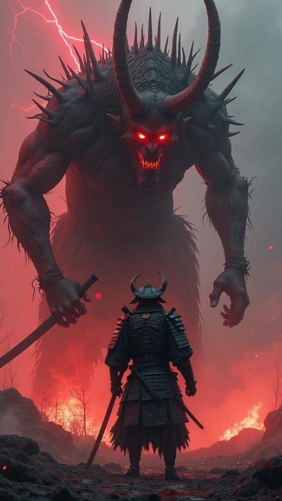Samurai and Oni Battle in Dark Fantasy Style
