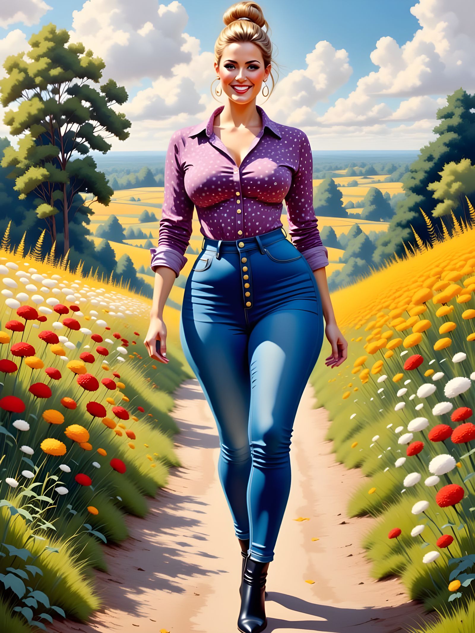 Elegant Woman in English Landscape, Art Nouveau Style