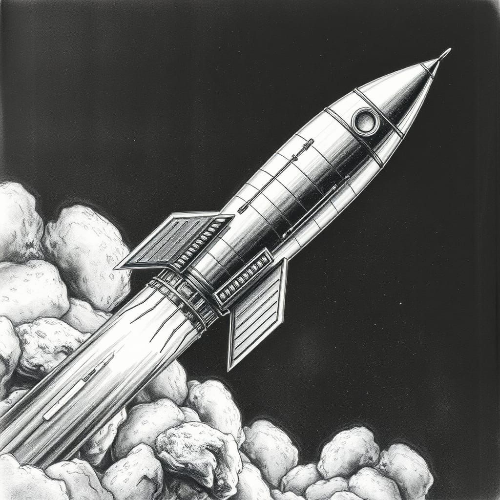 Detailed Charcoal Drawing of a Retro Rocket