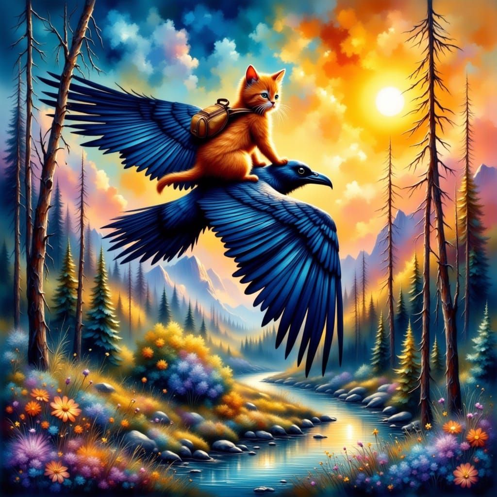 Kitten and Raven Soaring Over Mountain Valley in Oil Paint S...