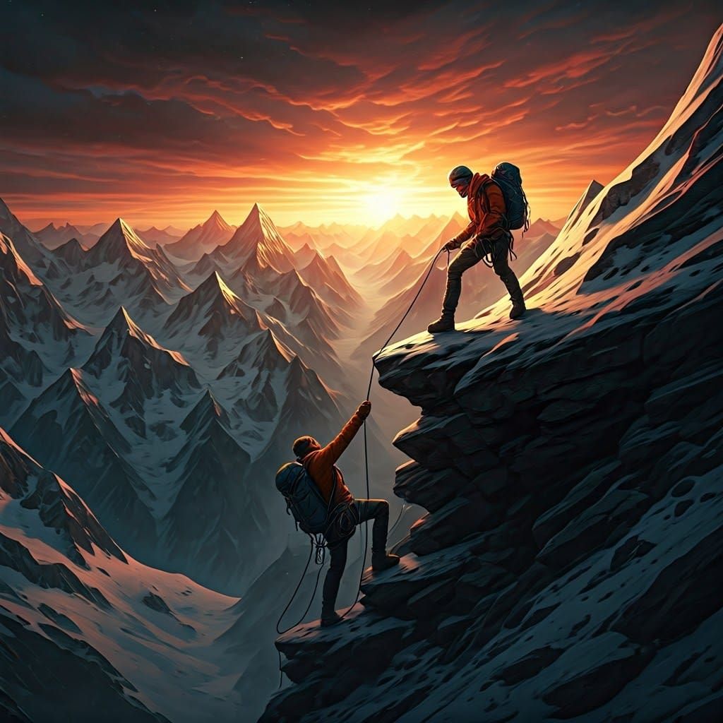 Mountaineers Ascending Cliff in Epic Landscape