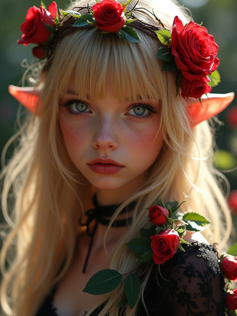 Enchanting Elf Portrait with Roses in Photorealistic Style