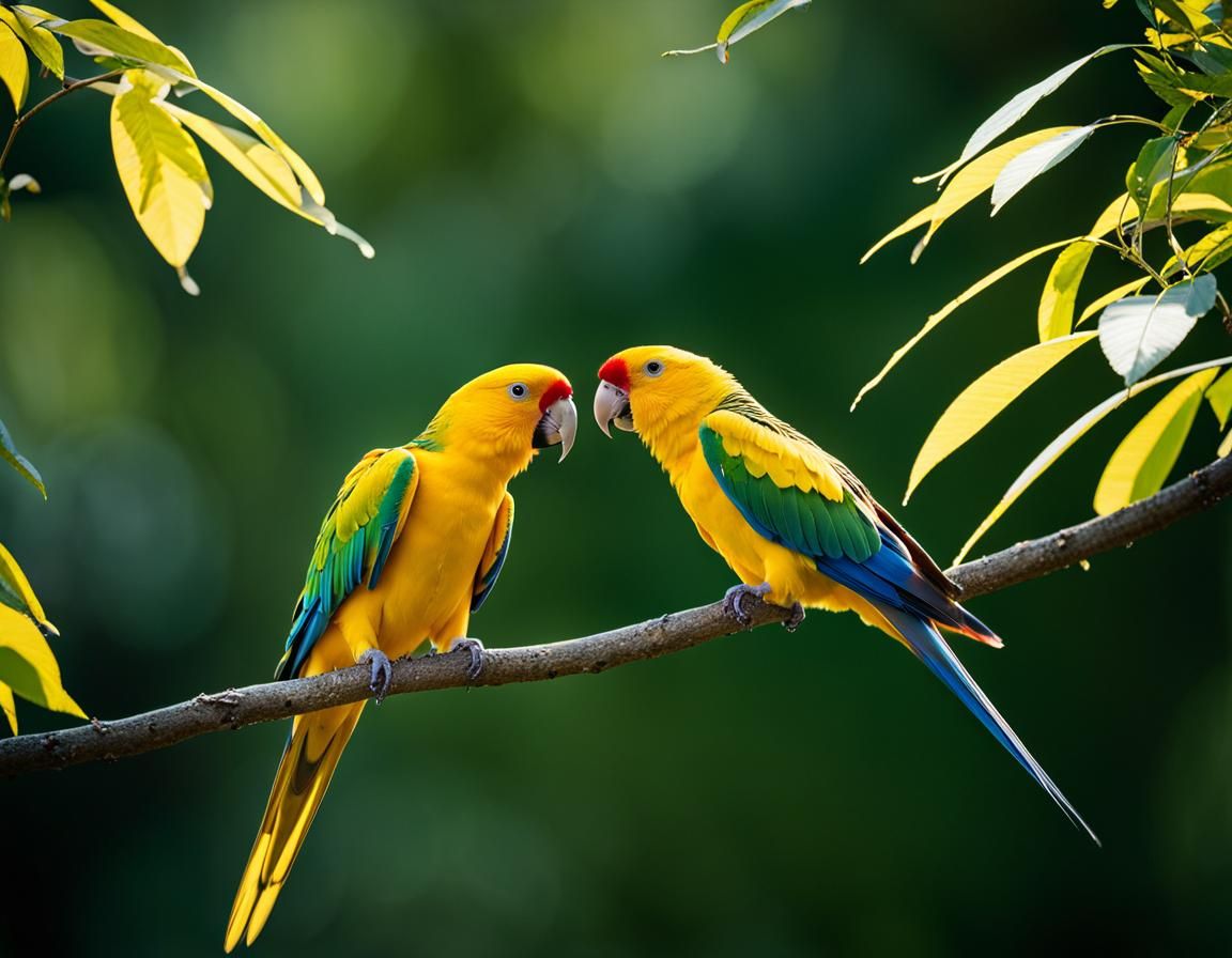 Parrots Chirping Happily Among Autumn Leaves