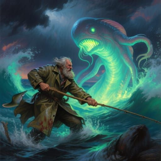 Fisherman Battles Colossal Glowing Sea Monster in Storm