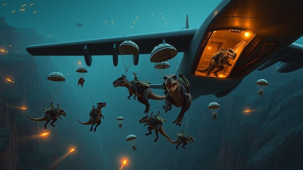 Dinosaurs in Combat Gear Leap from C-130 in Nighttime Canyon...