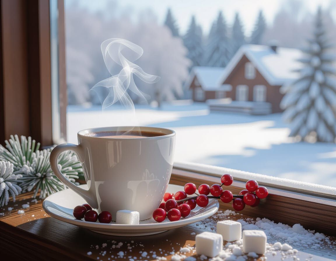 Cozy Winter Window Scene with Steaming Hot Chocolate