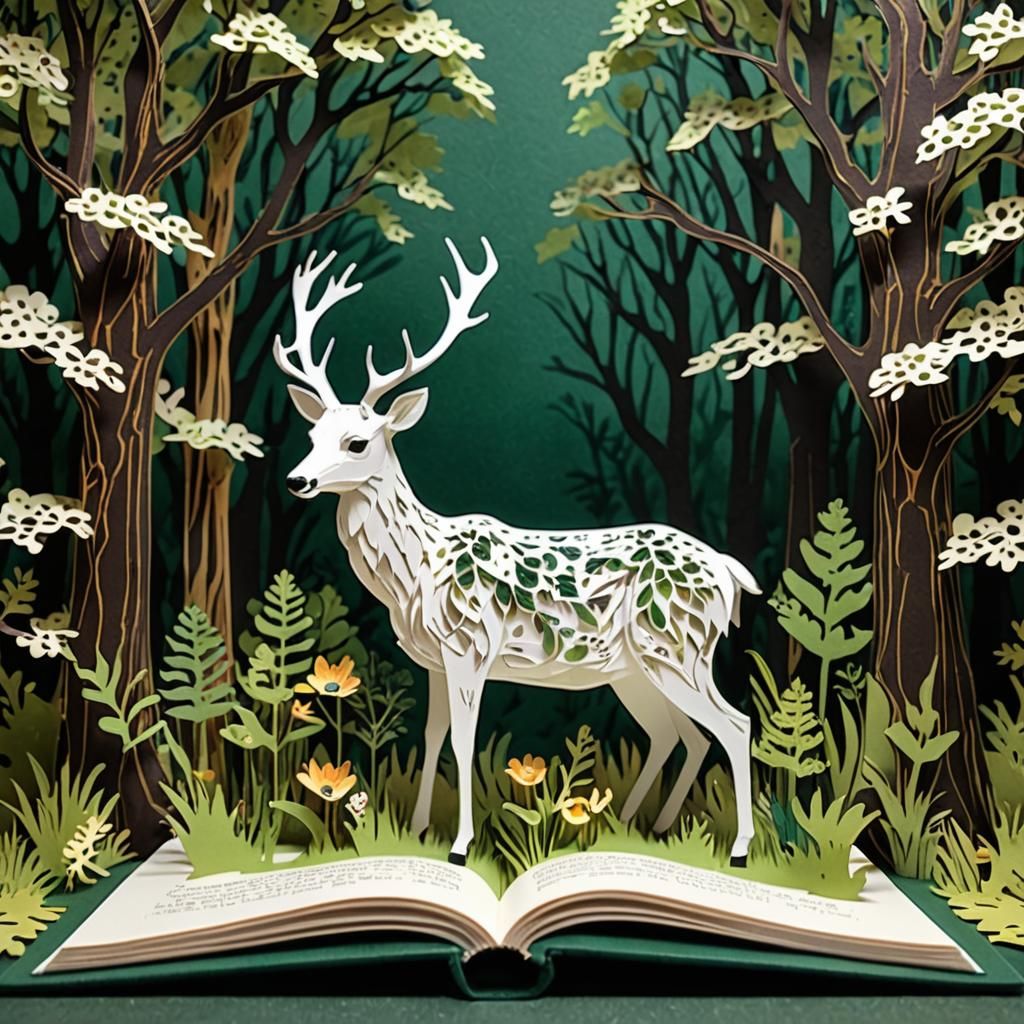 Majestic White Deer in Floral Pop-Up Book